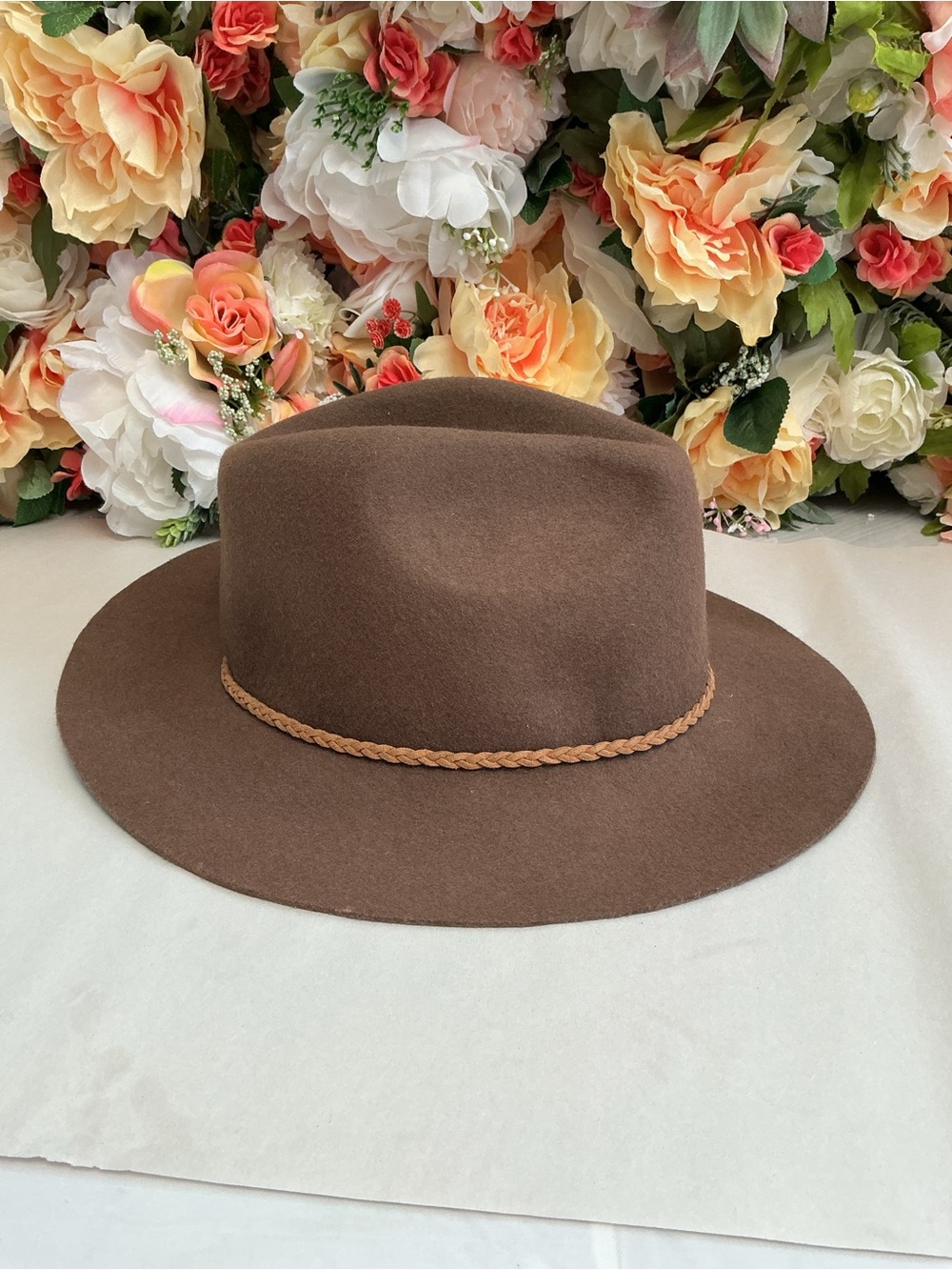 D&Y Brown 100% Wool Felt Wide Brim Fedora Hat Braided Suede Tie One Size - Picture 2 of 10